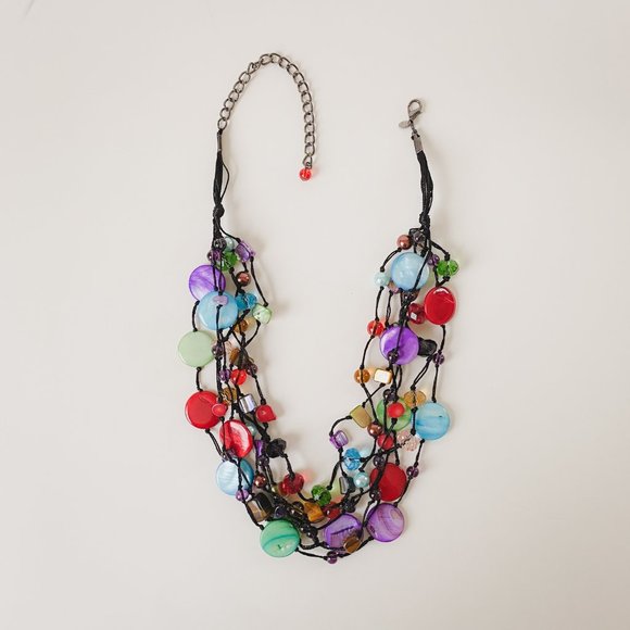Premier Designs Bright Colorful Shell Glass Beaded Cord Funky Statement Necklace - Picture 3 of 12
